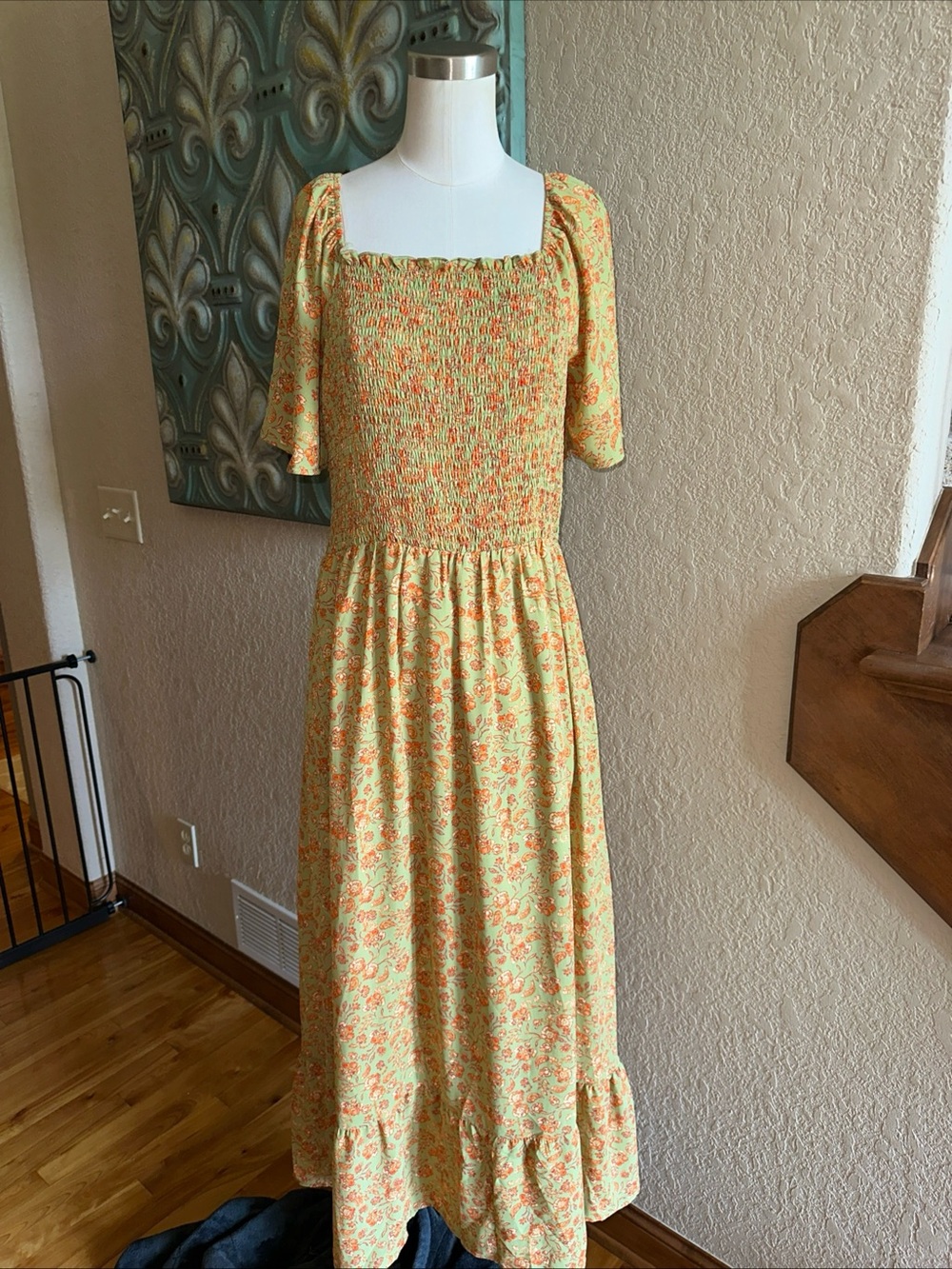 HEYSON Maxi Dress Womens 1XL Green Orange Floral Smocked Cottagecore Square Neck